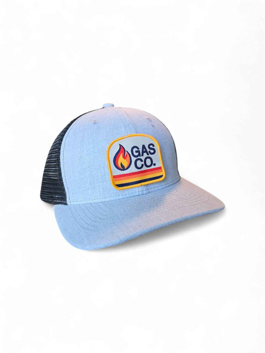 Heather gray and black retro trucker hat featuring vintage Gas Co. flame logo patch and breathable mesh back