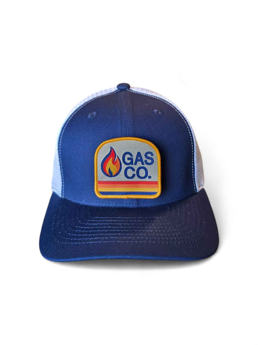 Navy blue and white retro trucker cap with vintage Gas Co. flame patch and adjustable mesh back