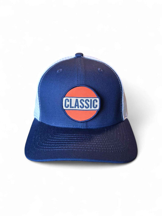 Navy blue and white retro trucker cap with Classic patch and mesh back