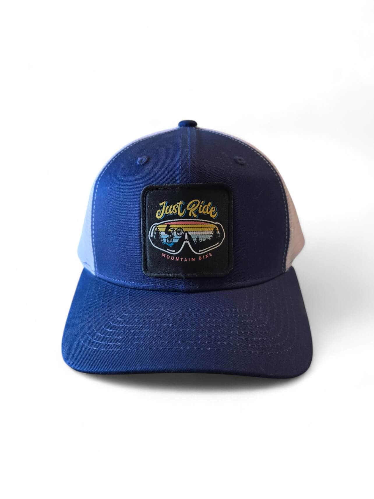 Mountain Biking Hat with Vintage Patch - Navy Blue on White Mesh image