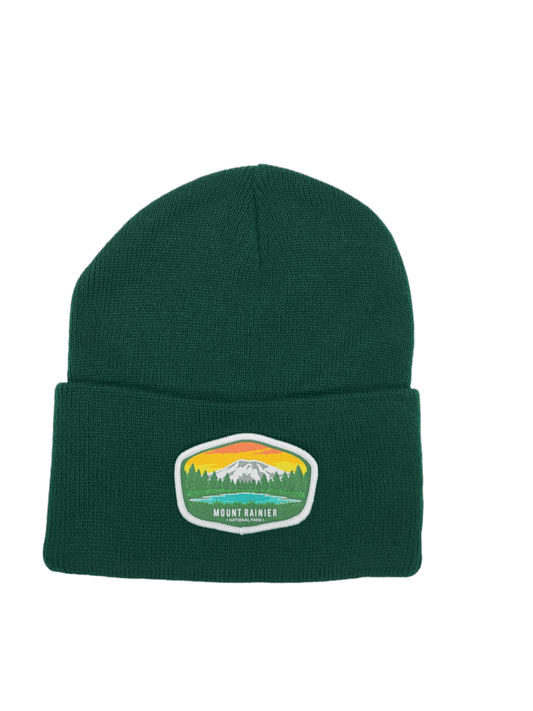 Mount Rainier Embroidered Patch Beanie - Cozy Winter Hat for Outdoor Enthusiasts & Hikers image 1
