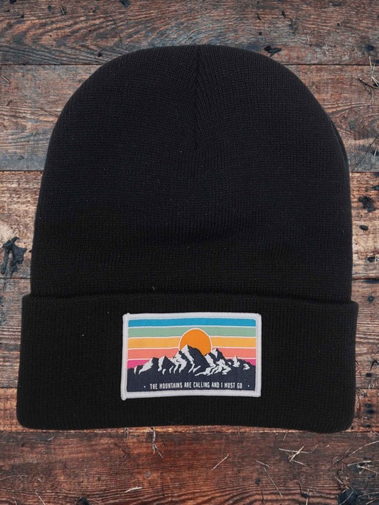 Mountains Are Calling Beanie – Retro Patch Knit Hat