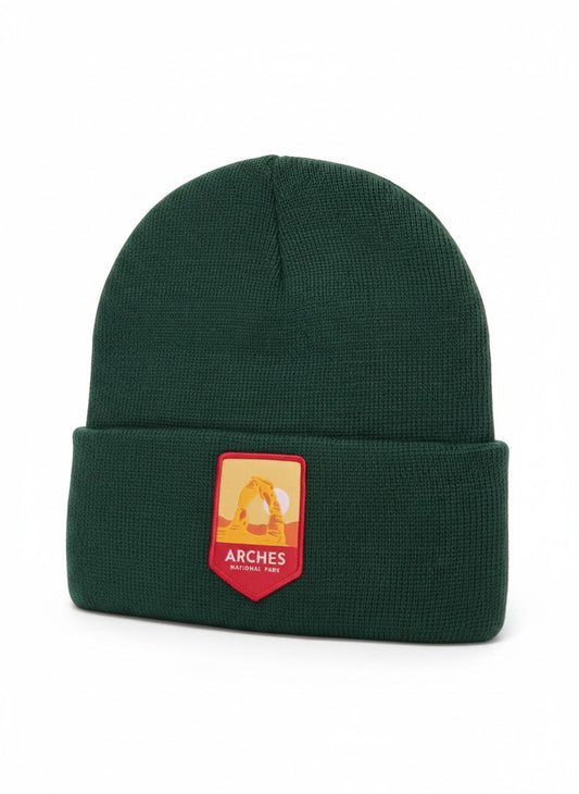Moove Headwear dark green knit beanie with Arches National Park patch. One size fits most.