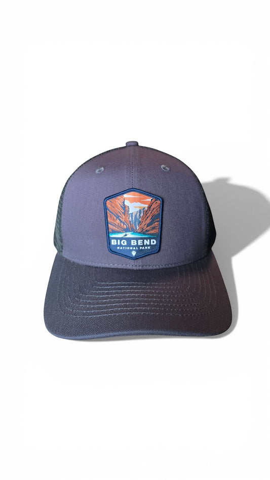 Moove Headwear Big Bend National Park trucker hat with heather grey front and black mesh back. Features adjustable snapback.