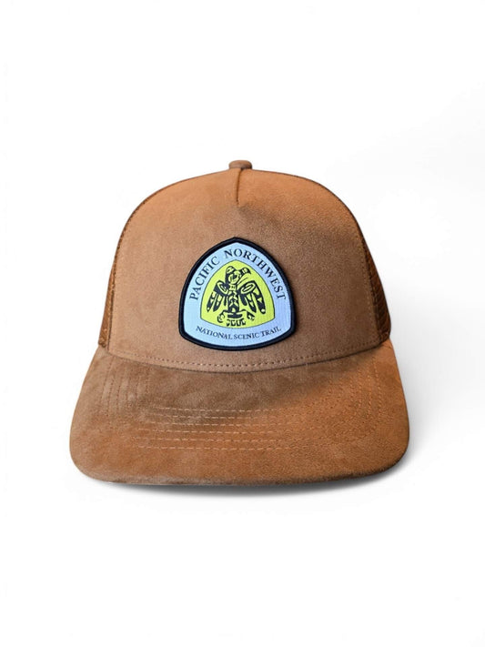 Moove Headwear brown suede mesh trucker hat with Pacific Northwest Trail patch and adjustable snapback