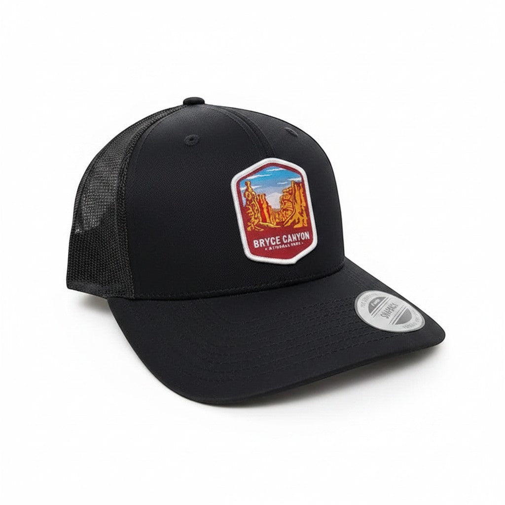 Moove Headwear black trucker hat with Bryce Canyon National Park patch and mesh back. Adjustable snapback for a universal fit.