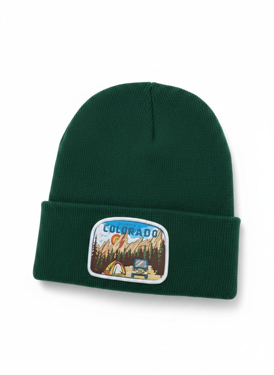 Moove Headwear dark green knit beanie with Colorado mountain adventure patch. Ideal for outdoor activities.