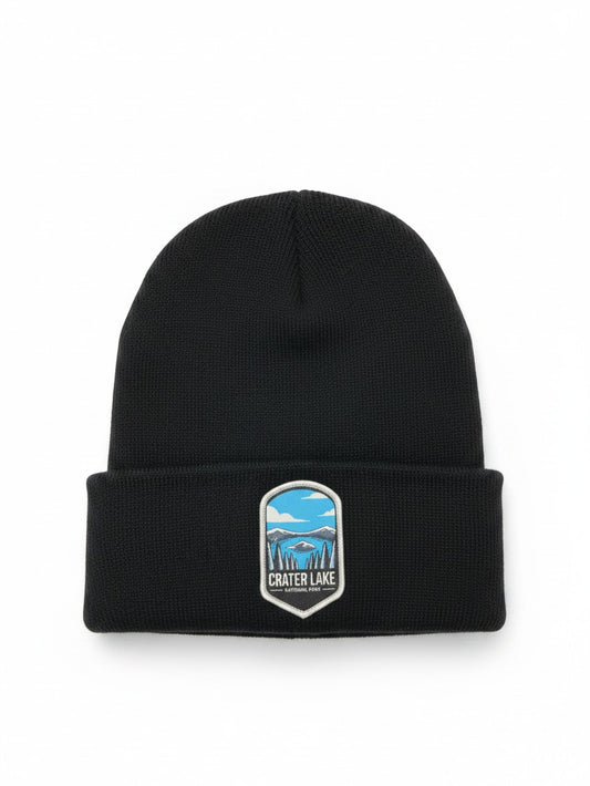 Moove Headwear black knit beanie featuring a woven patch of Crater Lake National Park on the folded cuff