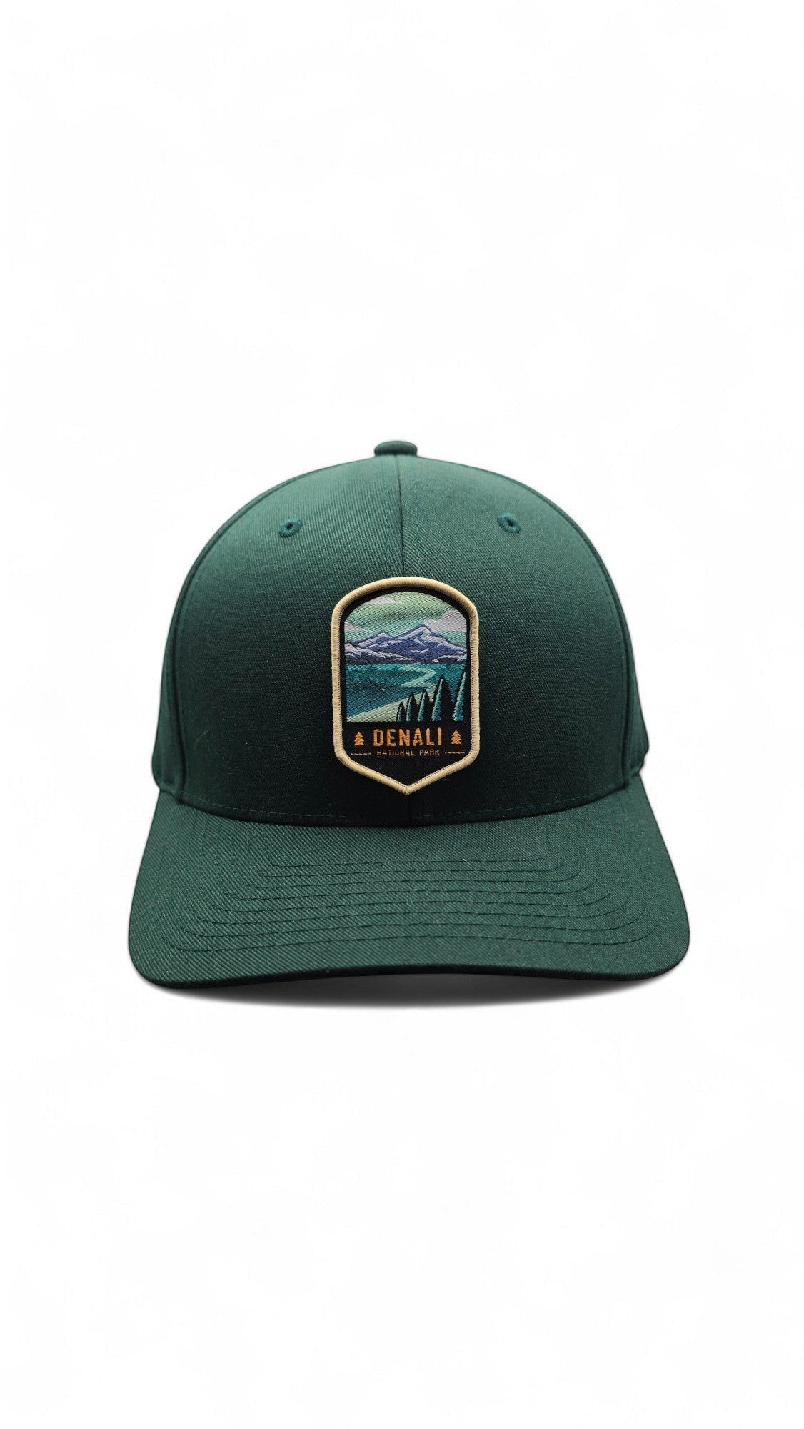 Moove Headwear green fitted baseball cap with Denali National Park embroidered patch featuring mountains and trees.