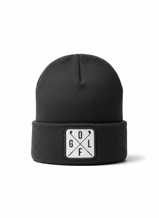 Moove Headwear dark grey acrylic knit beanie with a white square patch featuring crossed golf clubs and the word GOLF.