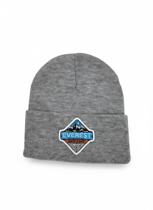 Moove Headwear grey wool knit beanie with Everest Base Camp patch. Warm, durable, and stylish trekking hat.