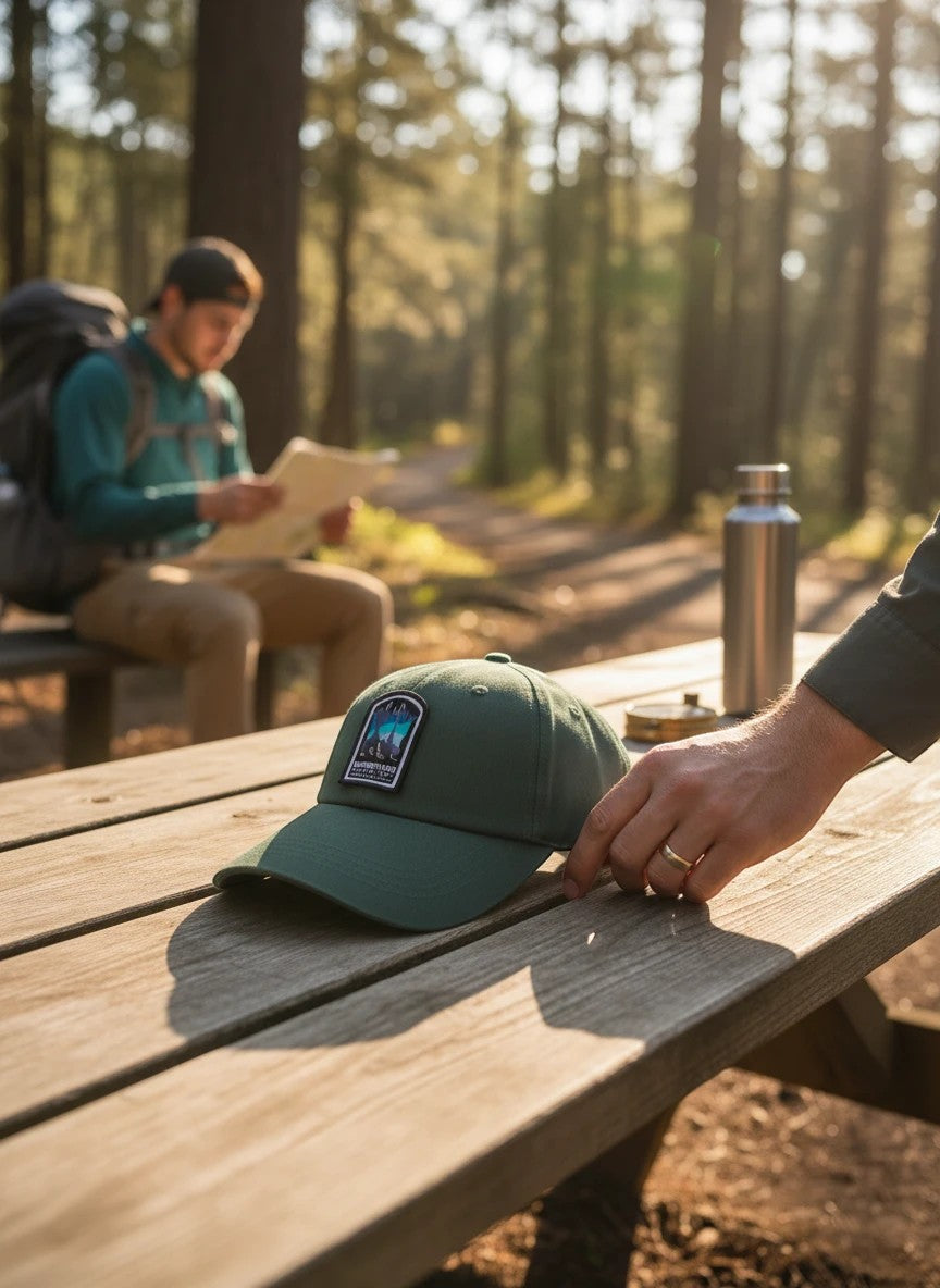 Moove Headwear dark green cotton baseball cap with Mammoth Cave National Park patch, adjustable dad hat style.
