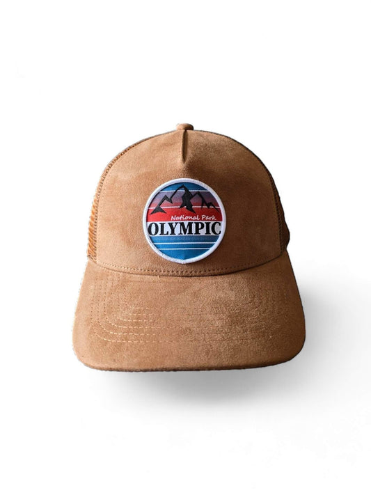 Moove Headwear tan suede 5-panel trucker hat with mesh back and Olympic National Park patch.