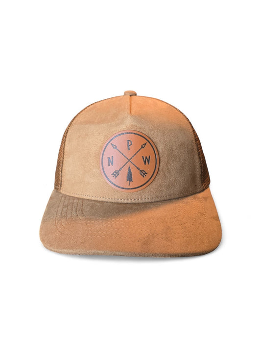 Moove Headwear tan suede mesh snapback hat with PNW Arrows leather patch and adjustable closure.