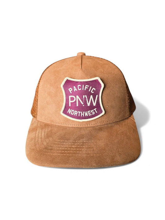 Moove Headwear brown suede trucker hat with mesh back and PNW Pacific Northwest patch. Adjustable snapback.
