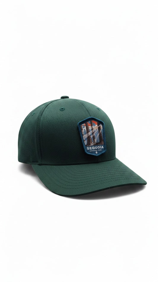 Moove Headwear dark green fitted baseball cap with embroidered Sequoia National Park patch on the front.