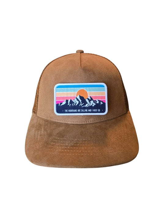 Moove Headwear brown suede trucker hat with mesh back and mountain sunset patch. Adjustable snapback.