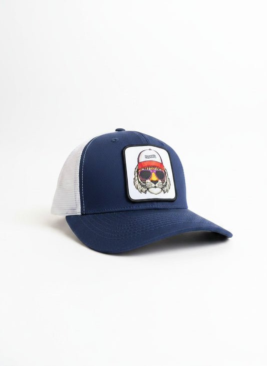 Moove Headwear navy blue trucker hat with white mesh back and embroidered tiger wearing sunglasses patch.