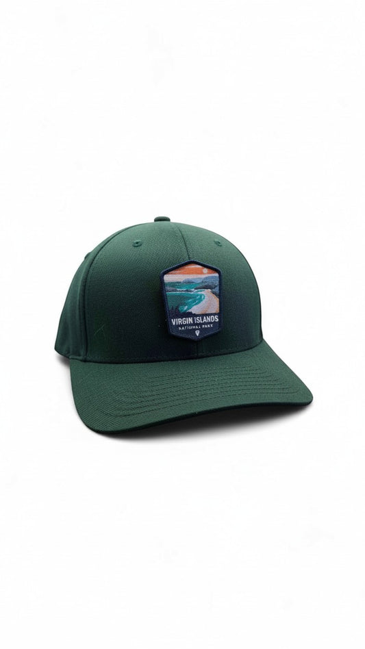 Moove Headwear dark green fitted cap with Virgin Islands National Park embroidered patch and curved brim.