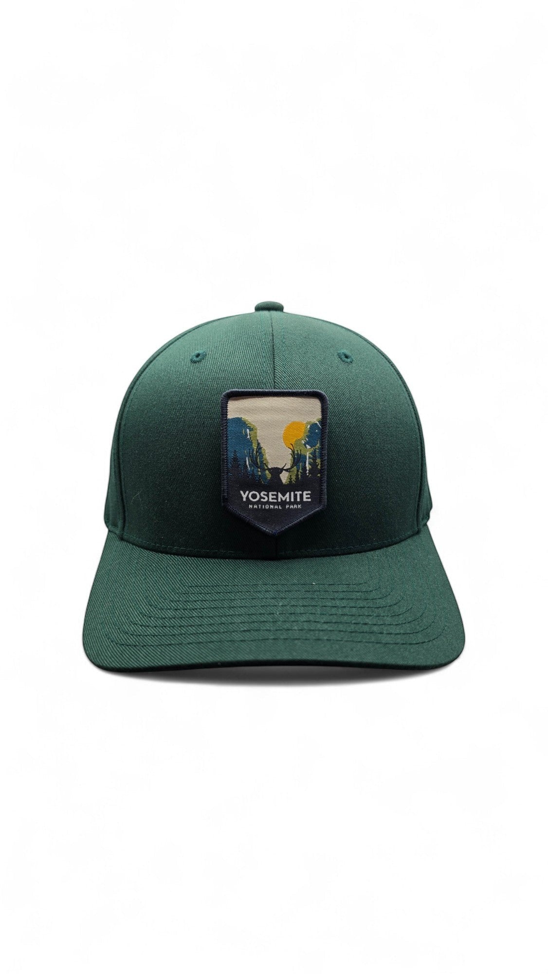 Moove Headwear dark green fitted cap with Yosemite National Park embroidered patch, ideal for hiking and casual wear.