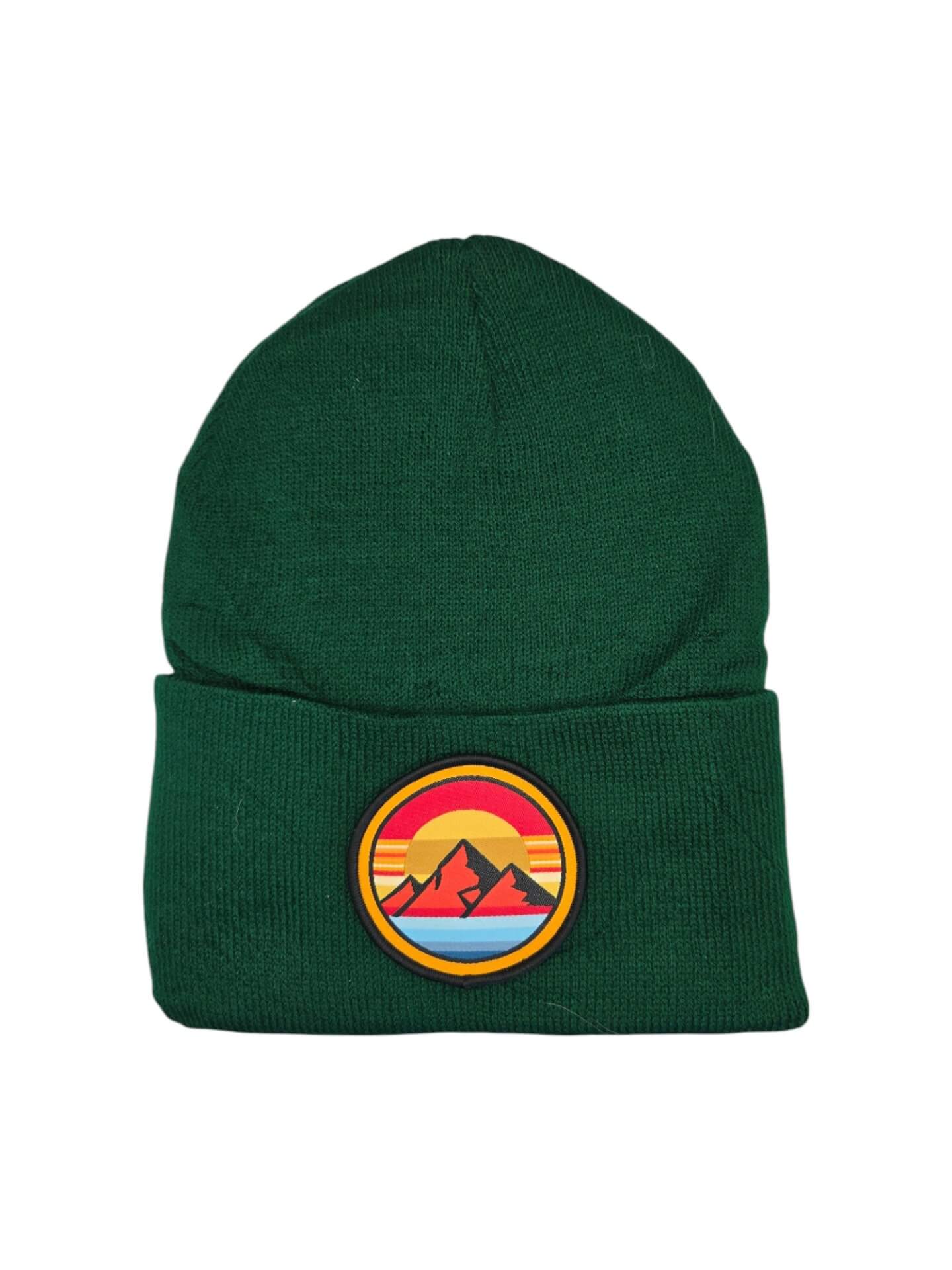 Mountain Sunset Beanie Cozy Knit Hat with Vintage Vibrant Patch