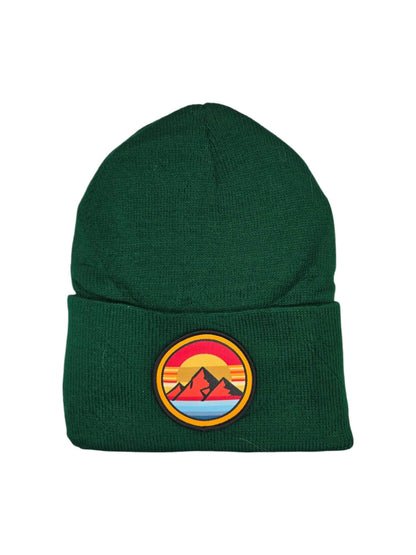 Mountain Sunset Beanie Cozy Knit Hat with Vintage Vibrant Patch