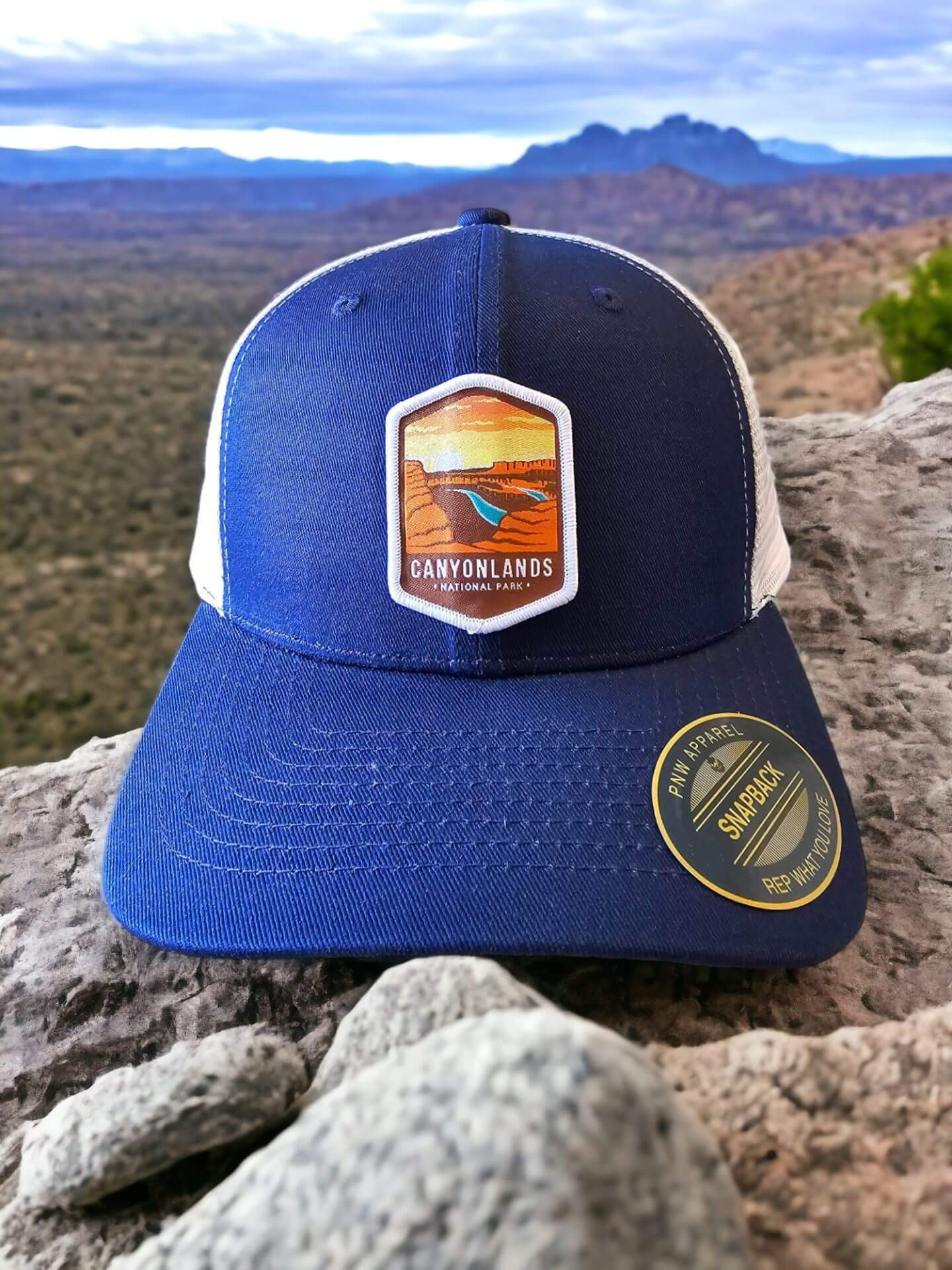 Canyonlands National Park Trucker Hat - Navy Blue on White Mesh image