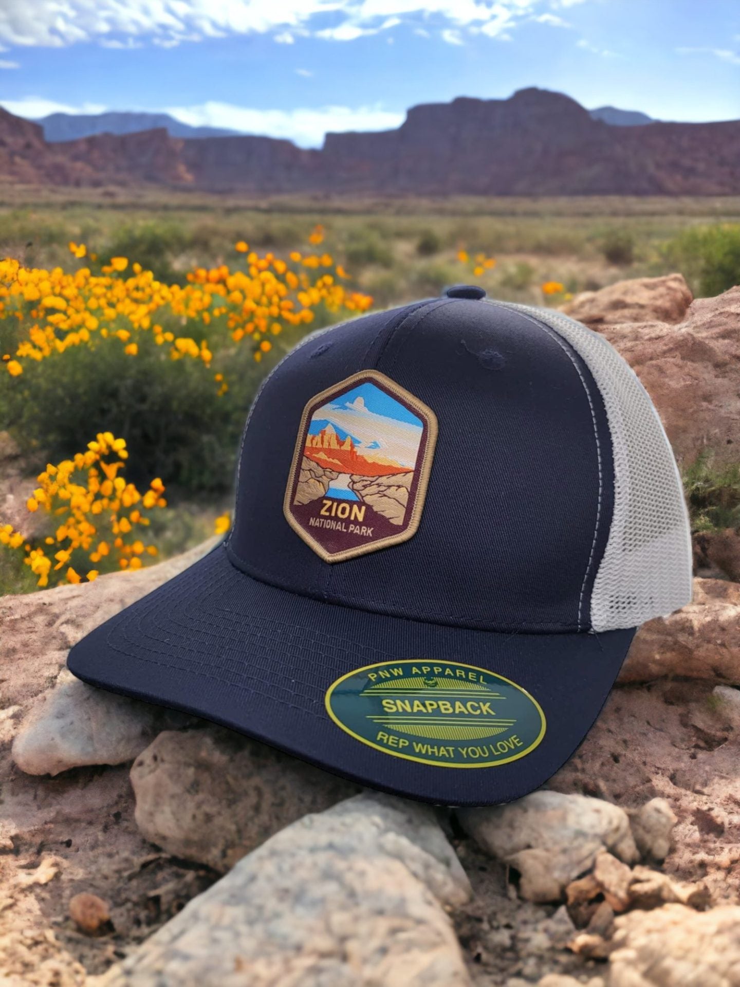Zion National Park Trucker Hat - Navy Blue on White Mesh image