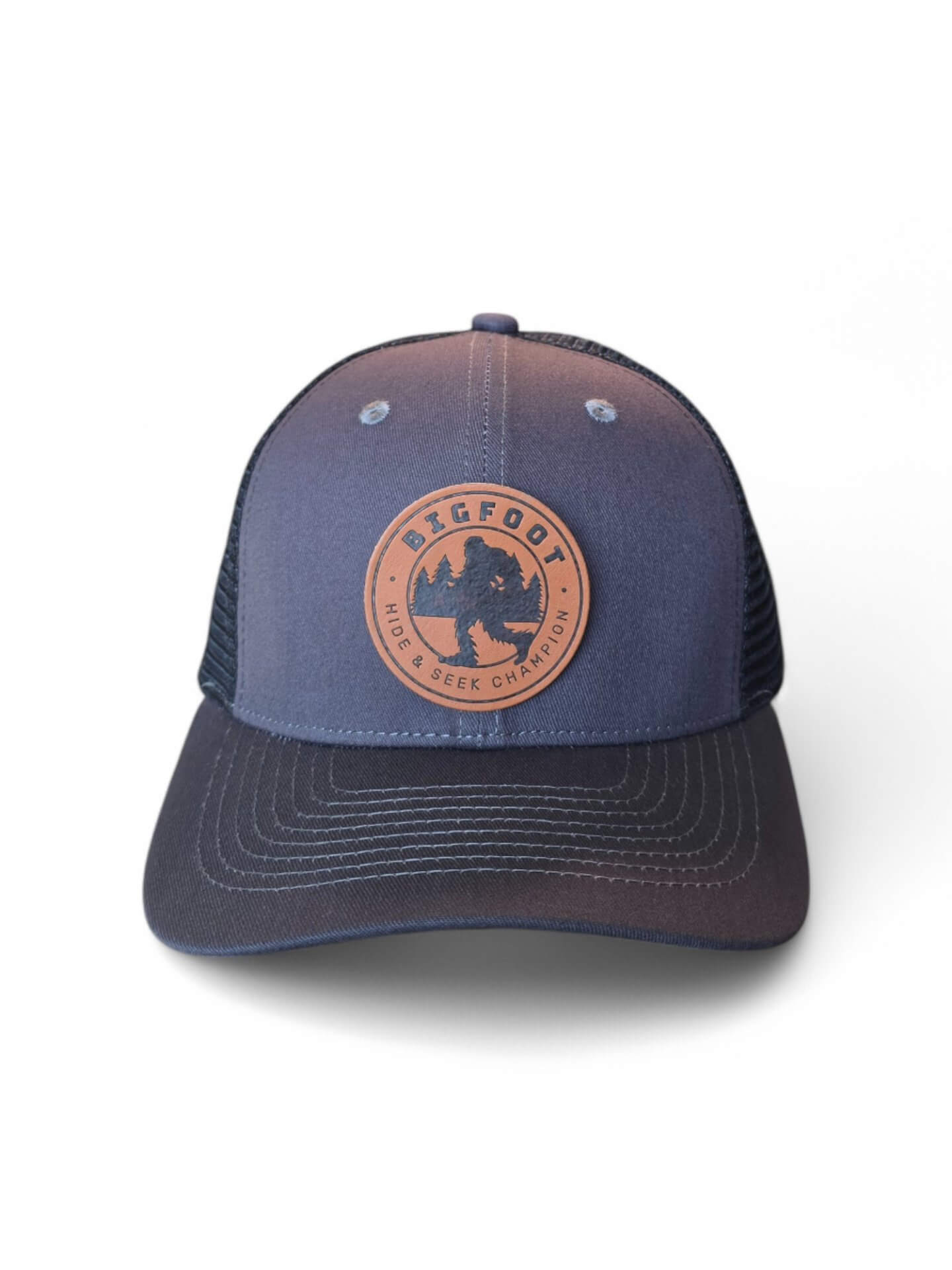 Sasquatch Trucker Hat – Hide and Seek Leather Patch Cap - Grey on Black Mesh image
