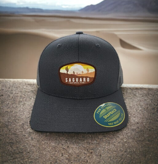 Saguaro Trucker Hat with National Park Patch - Black on Black Mesh image