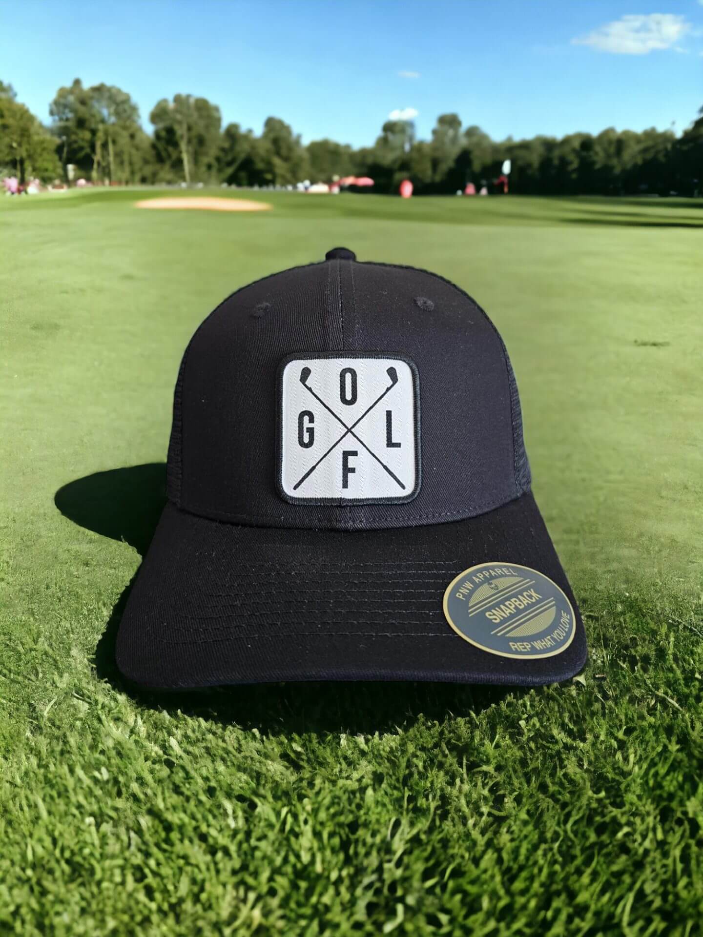 Golfing Hat Mesh Back Snapback with Golf Patch - Black on Black Mesh image