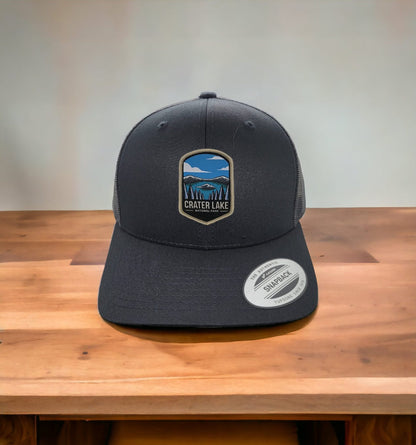 Crater Lake Snapback Hat for National Park Enthusiasts - Black on Black Mesh image