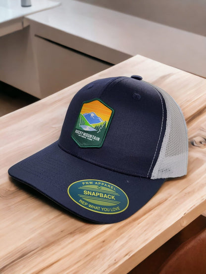 Rocky Mountain National Park Snapback Hat - Navy Blue on White Mesh image