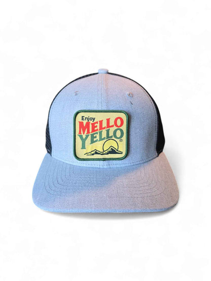 Heather gray and black retro trucker hat featuring Mello Yello patch and breathable mesh back