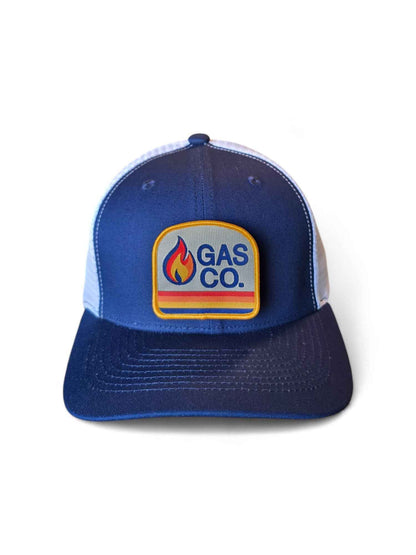 Navy blue and white retro trucker cap with vintage Gas Co. flame patch and adjustable mesh back