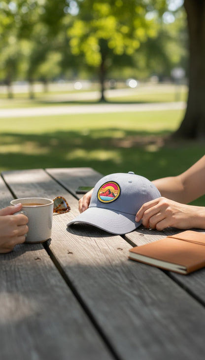Retro Sunset Mountain Dad Hat - Vintage Horizon Patch Cap