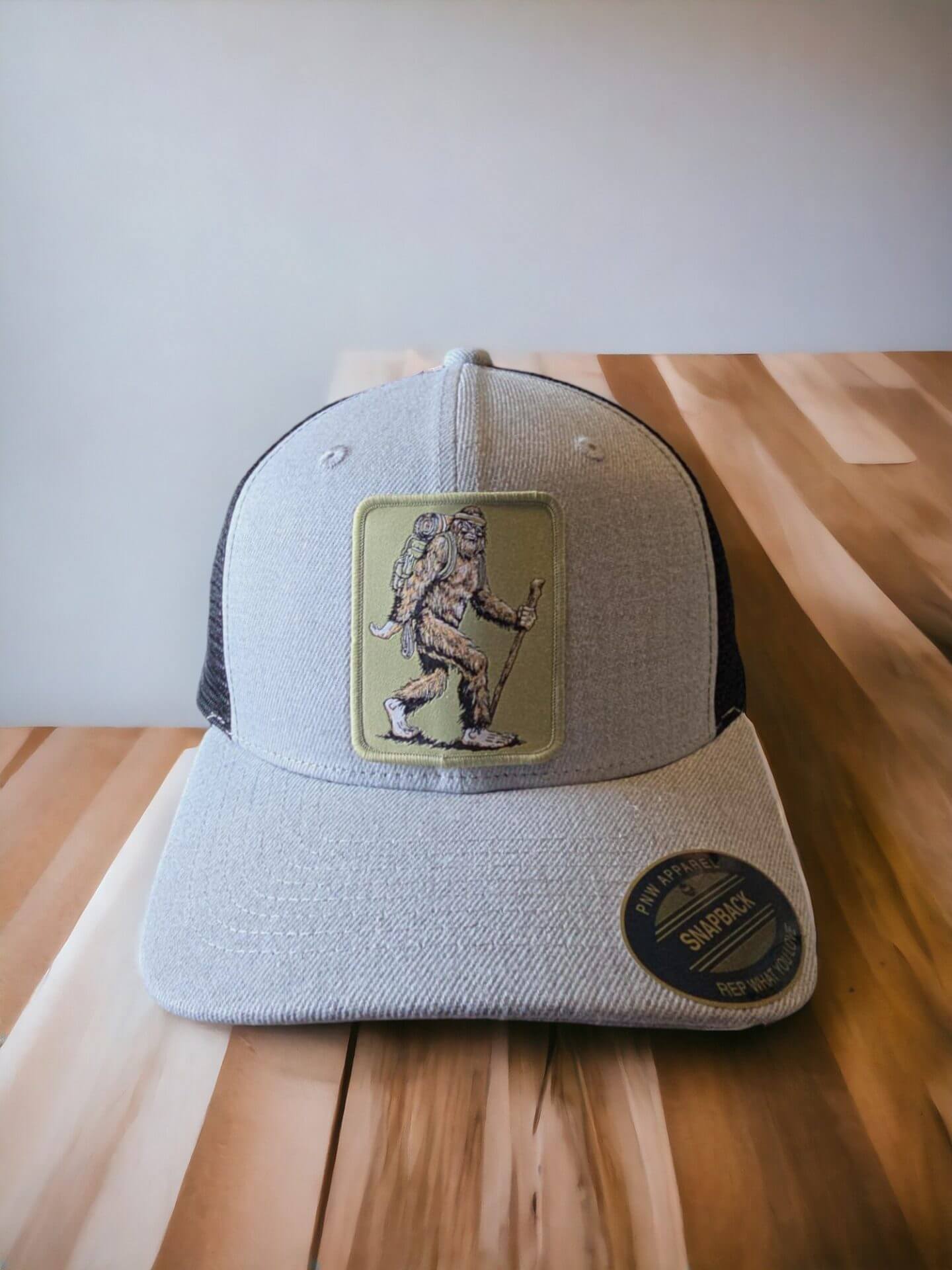 Sasquatch Snapback Trucker Hat for Hiking and Gifts - Heather Grey on Black image