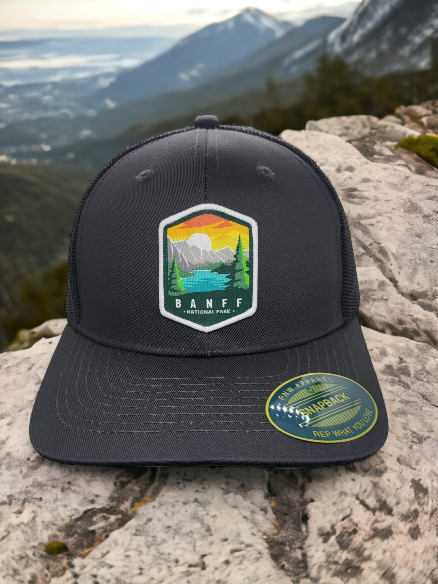 Banff National Park Snapback Hat with Patch - Grey on Black Mesh image