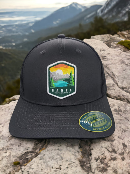 Banff National Park Snapback Hat with Patch - Grey on Black Mesh image