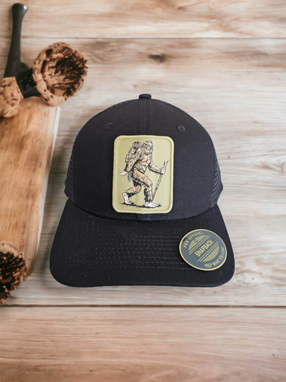 Sasquatch Snapback Trucker Hat for Hiking and Gifts - Black on Black Mesh image