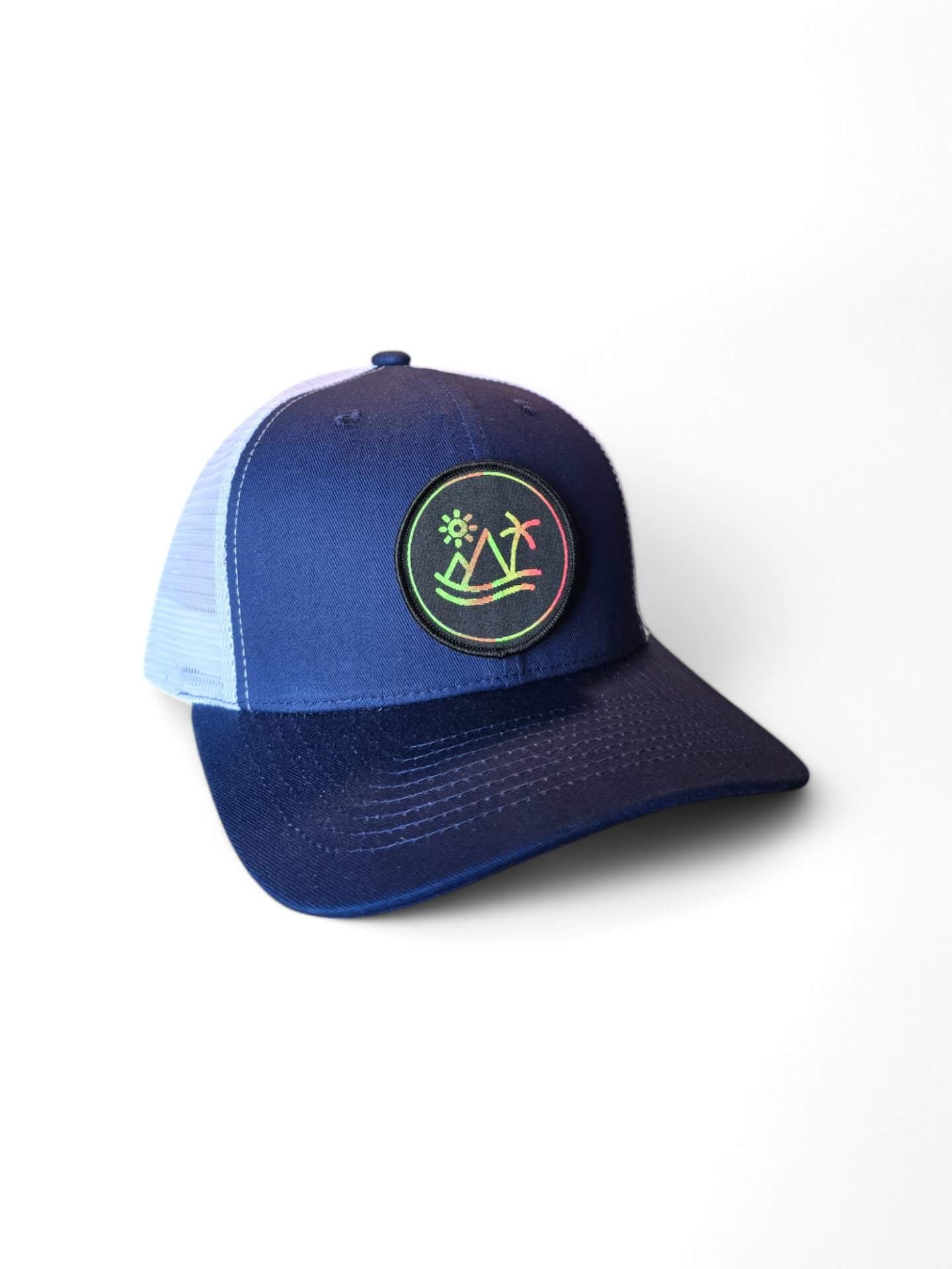 Desert Palm Snapback Hat | Adventure Trucker Cap - Navy Blue on White Mesh image