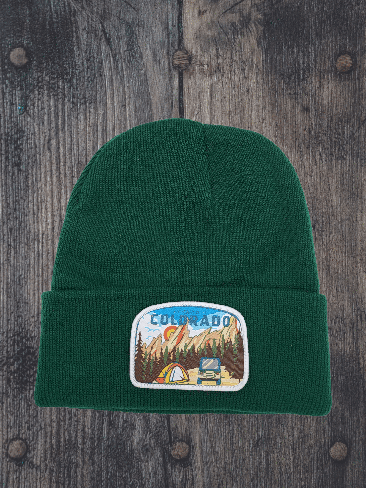 Colorado Beanie – Mountain Adventure Patch Knit Hat - Forest Green image