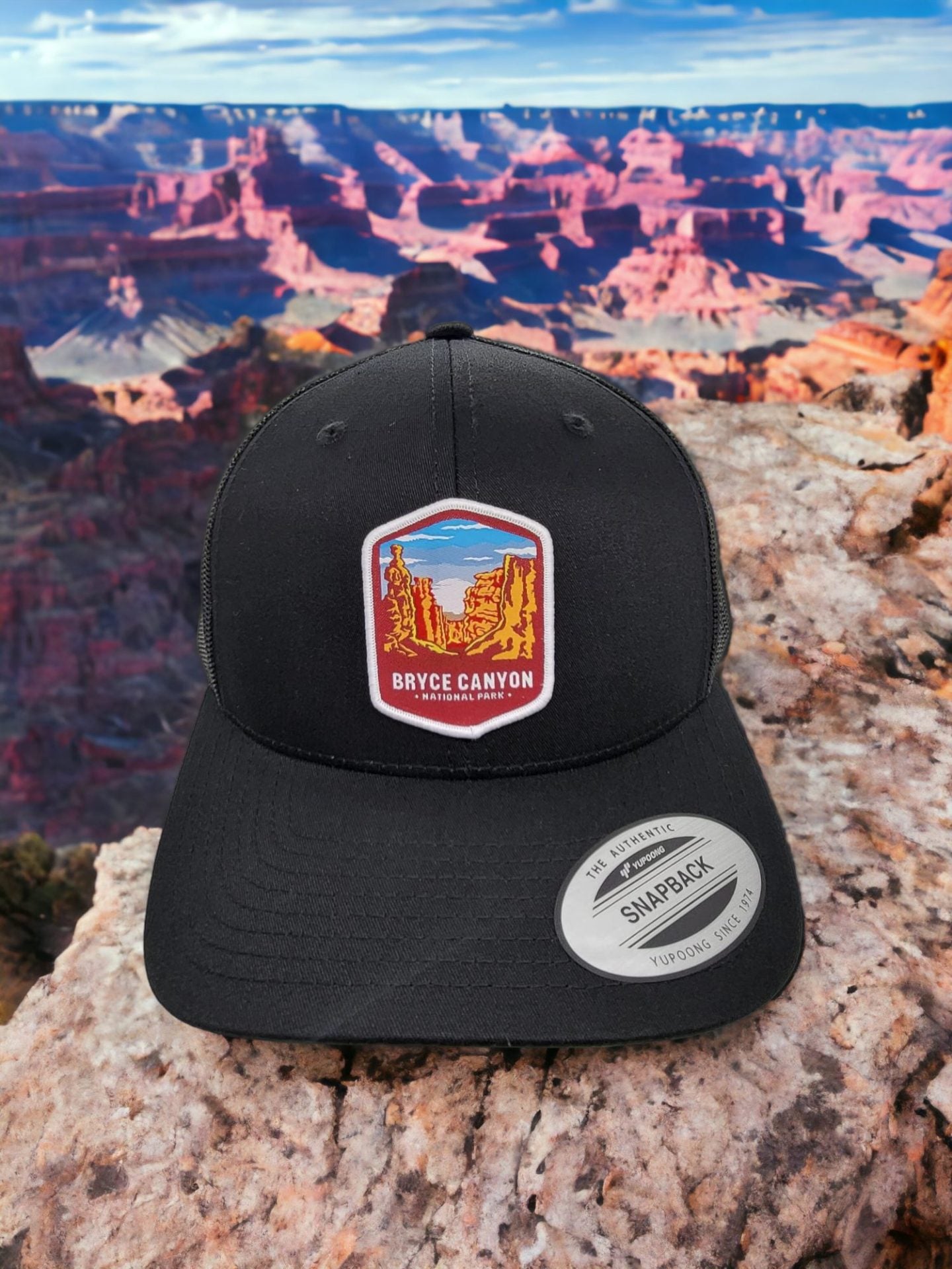 Bryce Canyon National Park Trucker Hat - Stylish Utah Snapback Cap for Nature Lovers & Outdoor Enthusiasts - Black on Black Mesh image