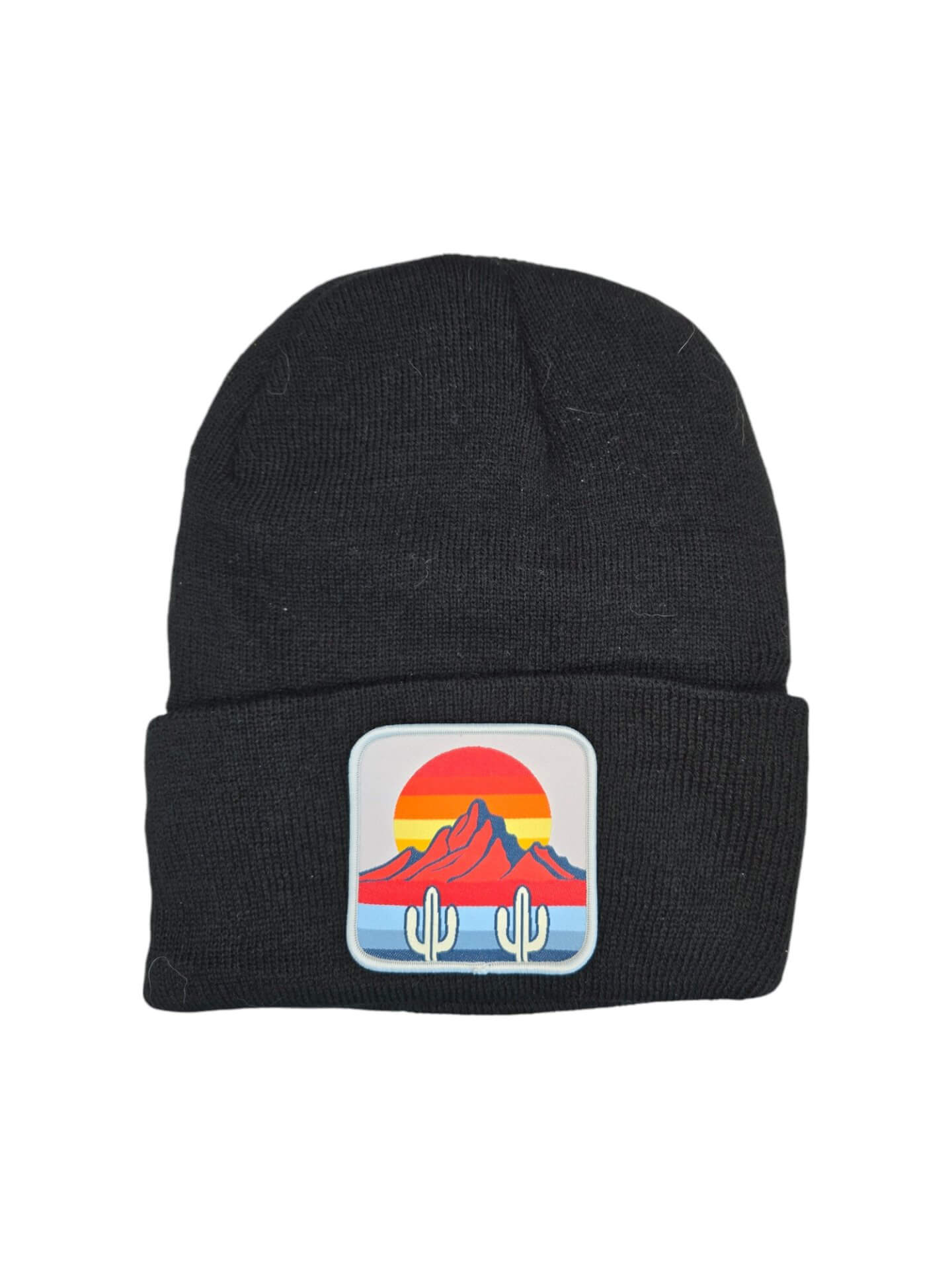 Desert Sunset Beanie Warm Knit Hat with Cactus Patch - Black image