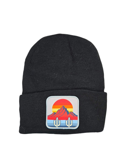 Desert Sunset Beanie Warm Knit Hat with Cactus Patch - Black image