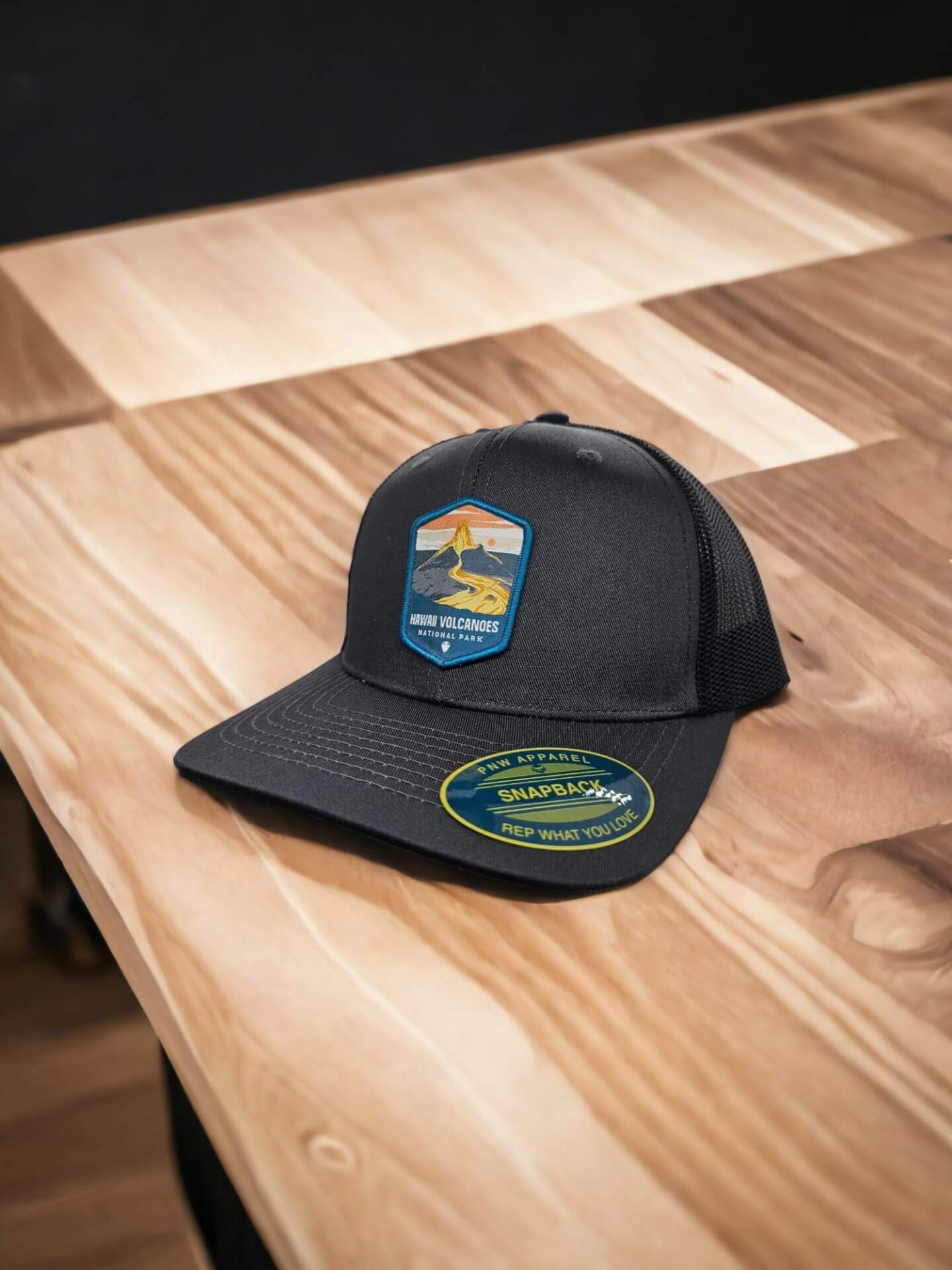Hawaii Volcanoes National Park Snapback Cap - Scenic Outdoor Adventure Souvenir Baseball Hat - Grey on Black Mesh image