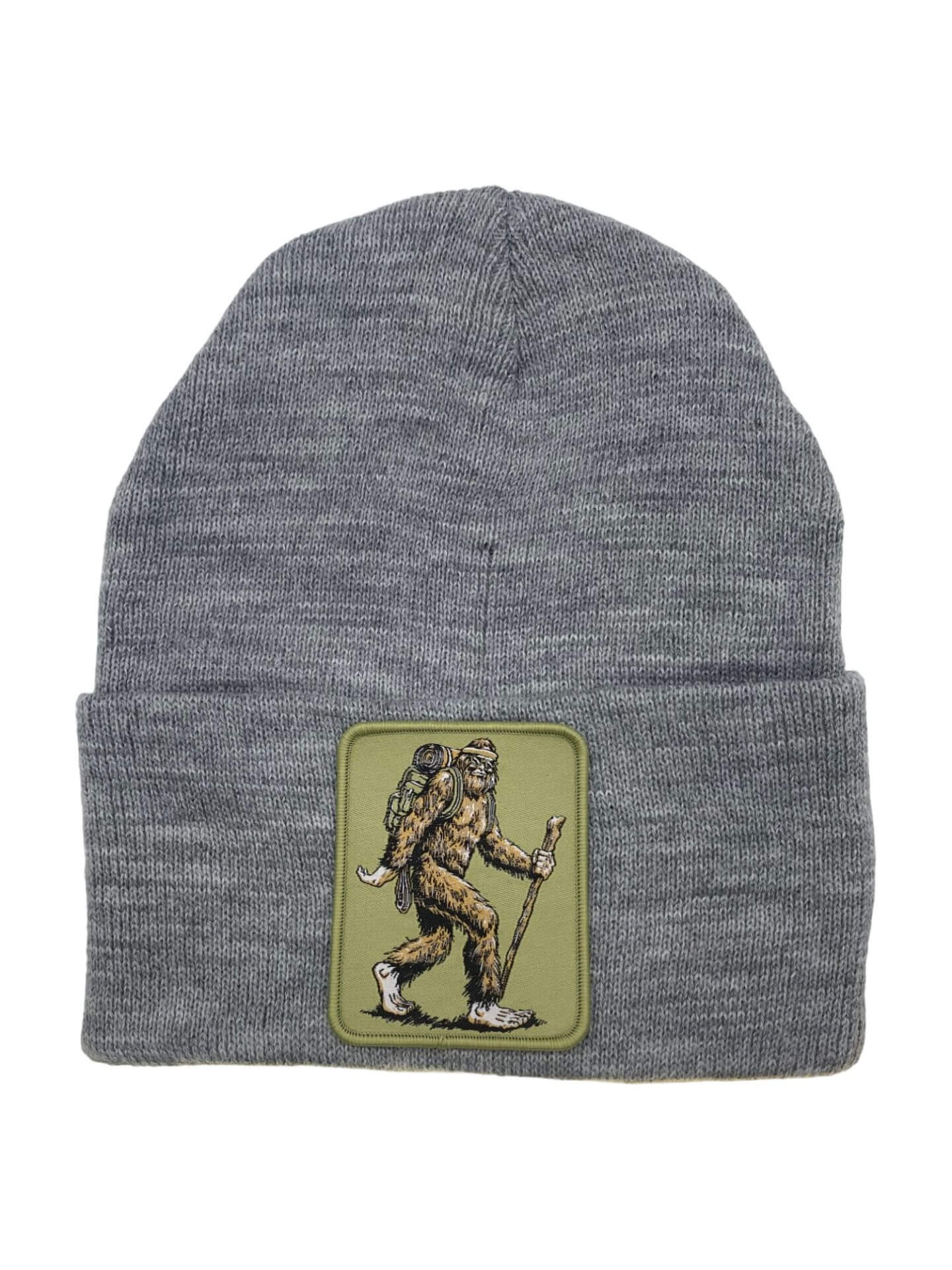 Sasquatch Beanie with Hiking Bigfoot Patch - Outdoor Adventure Winter Hat for Nature Enthusiasts - Grey image