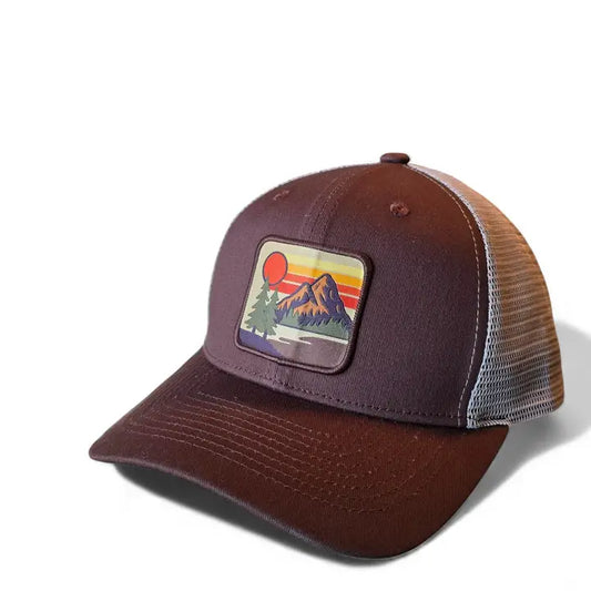 Vintage Mountain Sunset Patch Trucker Hat Retro Camping Hiking Gift
