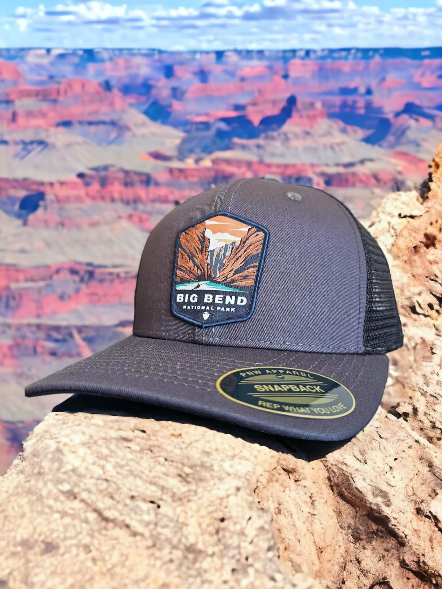 Big Bend Snapback Hat National Park Trucker Gifts Patch - Grey on Black Mesh image