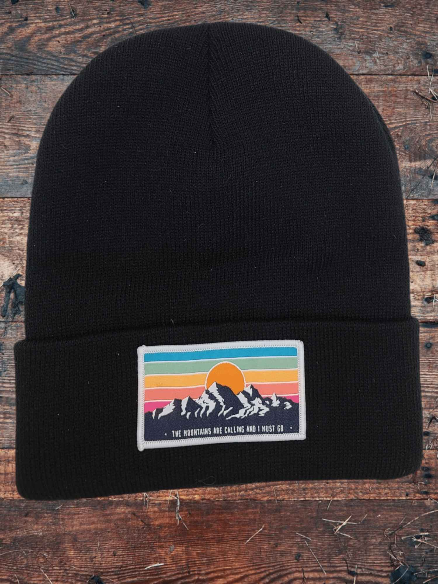 Mountains Are Calling Beanie – Retro Patch Knit Hat